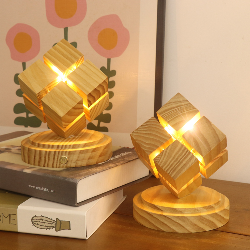 Creative 4-Layer Cube Ambient Night Light, Rubber Wood Bedside Decor Lamp, USB Plug-in Warm Light for Bedroom