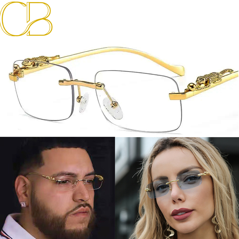 CB Square Rimless Sunglasses Women Men Cut Edge Golden Leopard Small Frame Sun Glasses Designer Retro Shade Eyewear Y2K UV400 oculos