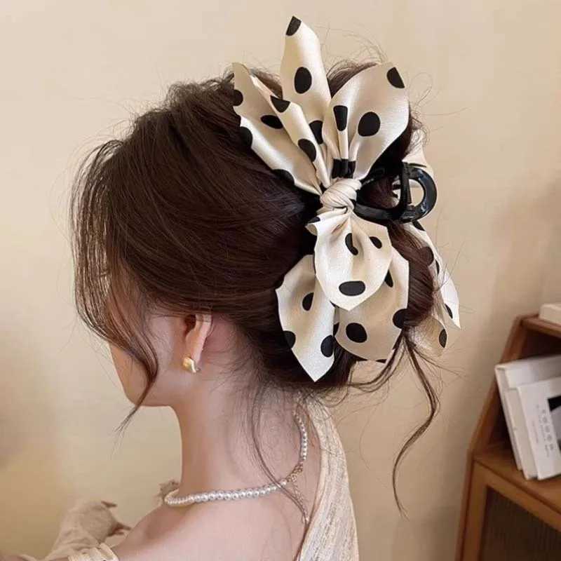 Vintage Black Polka Dot Bow Hair Claw Crabs For Women Elegant Large Shark Cip Ponytail Braid Hair Claw Hair Accessories H260402