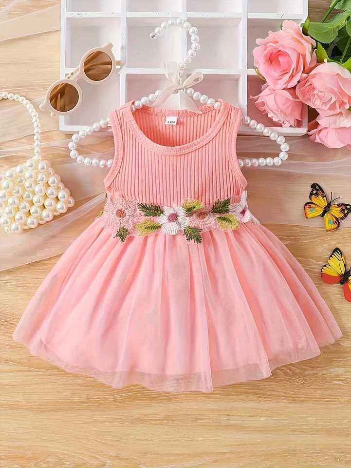 Baby girl fashionable and sweet sleeveless waist flower patchwork mesh dress suitable for parties and outdoor occasions in sprin H260402