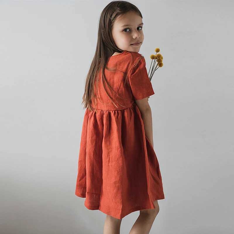 2026 Summer New Girls Linen Dress Retro Literary Cotton And Linen Short-Sleeved Pleated Dresses Childrens Clothing H260402