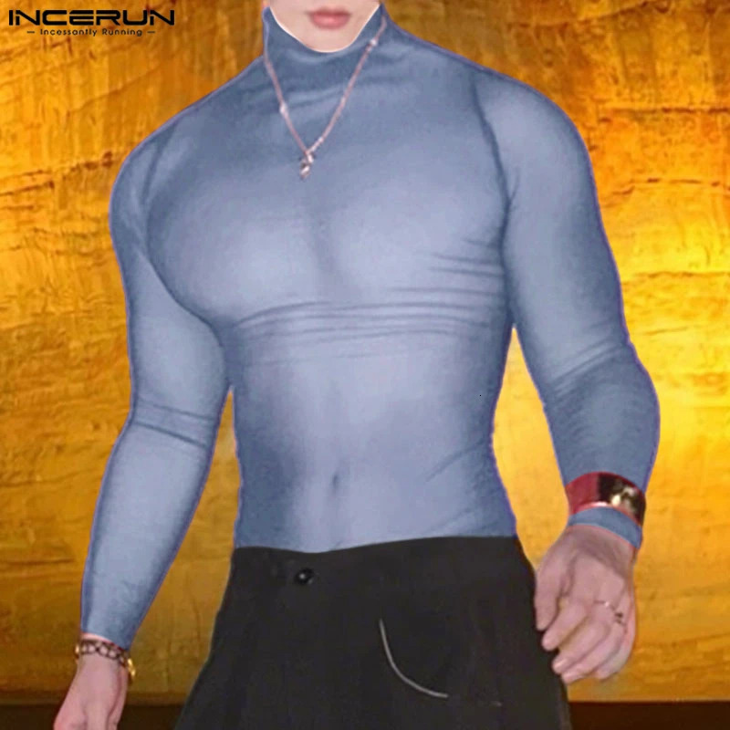 INCERUN Men T Shirt Mesh Long Sleeve See Through Turtleneck Male Tee Tops Sexy Streetwear Fashion Casual Men Clothing Solid 260402