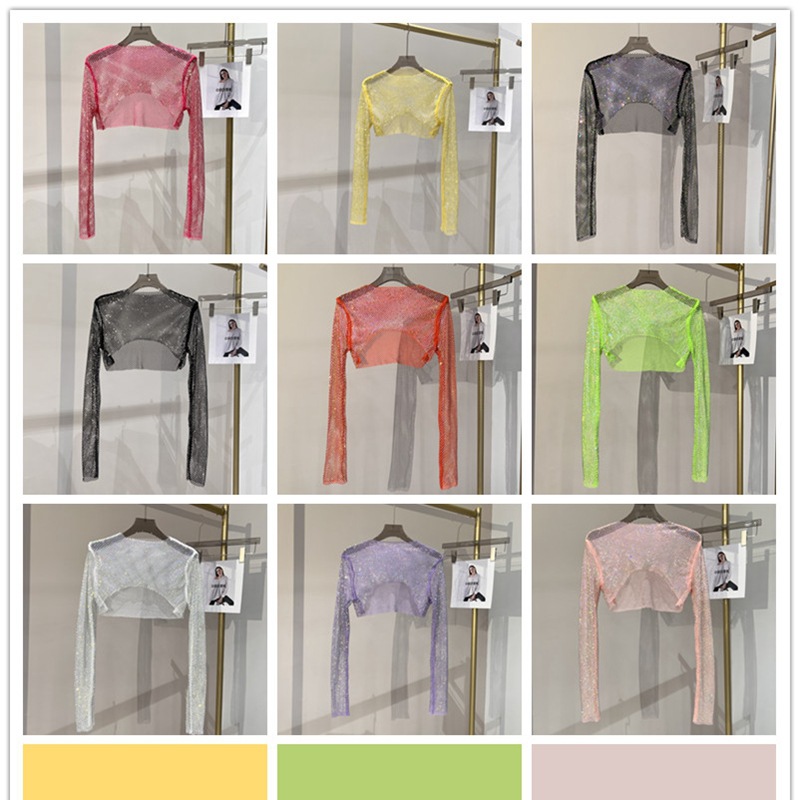 Women Sexy Rhinestone Cropped Long Sleeve Top Crystal Embellished Slim Fit Tee Clubwear Party Outfit - view 7