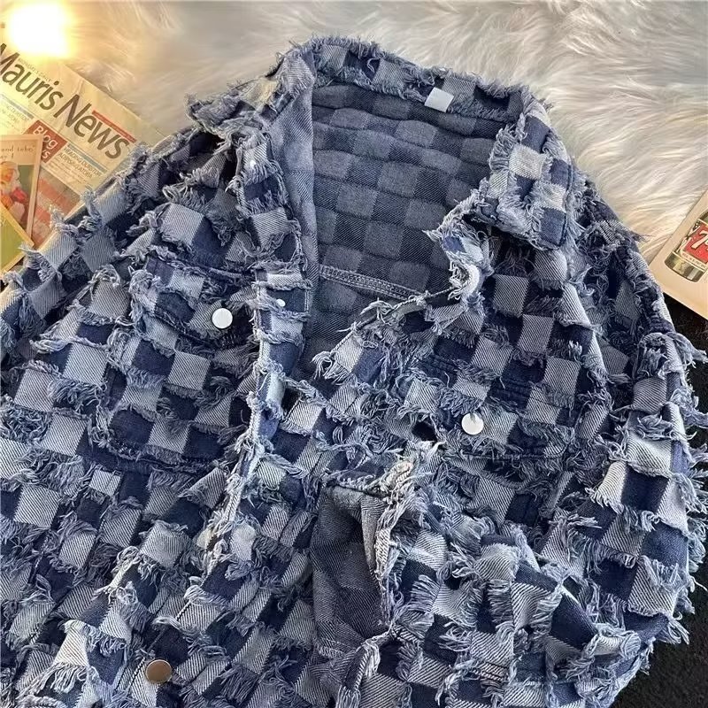 Luxury Brand Designer Clothes Checkered Denim Jacket For Men And Women, Spring And Autumn, American High Street Style, Trendy Vintage Design, Loose Fi