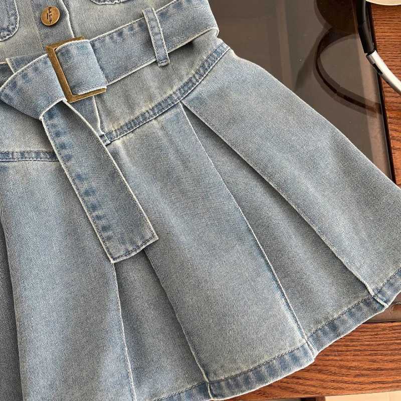 Summer New Girls Denim Dress Belt Decoration Lapel Collar Sleeveless Tutu Princess Dress For 2 -10 Years Kids Fashion Dress H260402