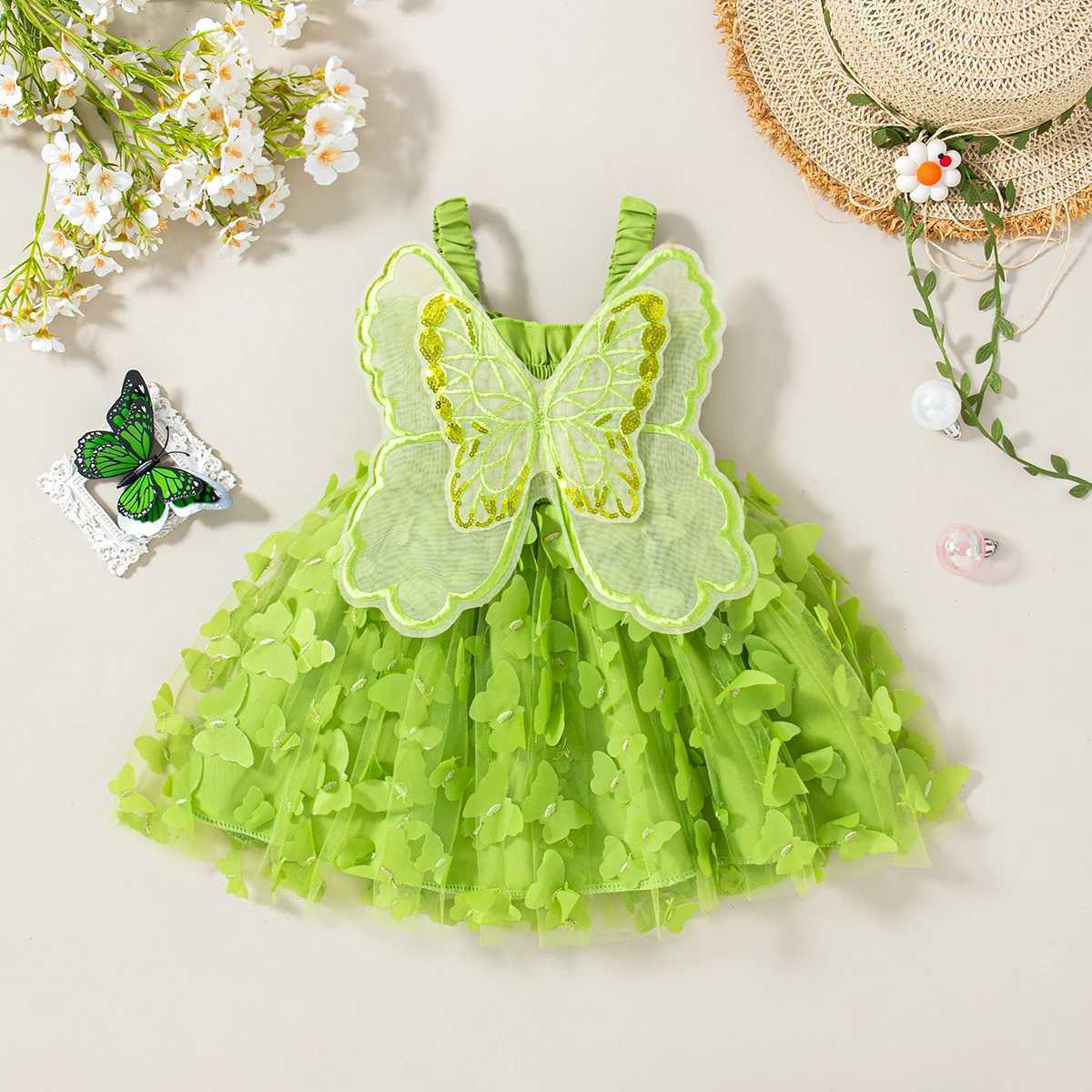 Summer New Baby Girl Suspender Dress Solid Color Butterfly Wing Gauze Dress Childrens Birthday Party Dress H260402