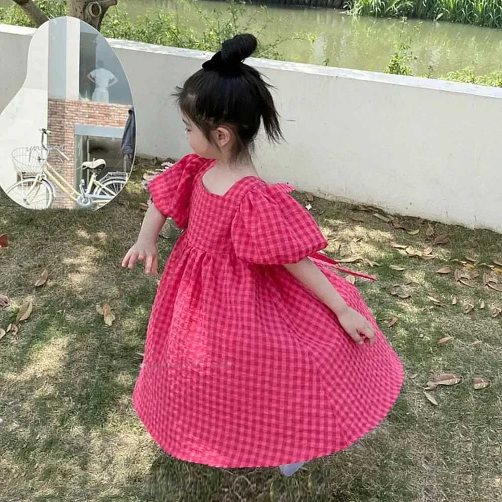 Bear Leader Rose Pink Plaid Bow Dress Elegant Lolita Child Big Girls Midi Dress Children Dresses Teens Party Princess Sundress H260402