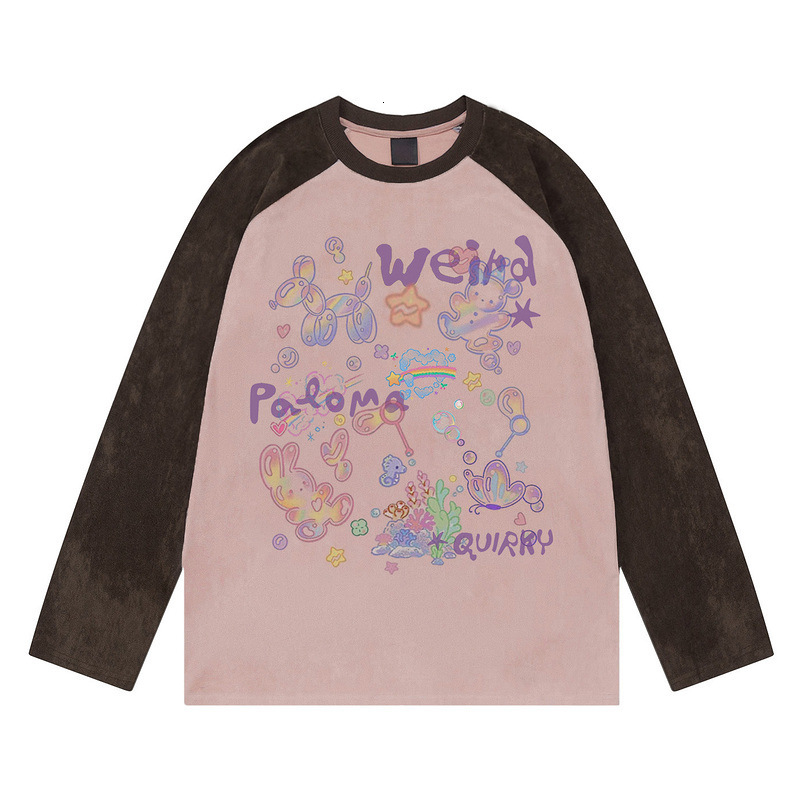 Color-Block Raglan Long Sleeve T-Shirt for Men and Women, Autumn 2025 New Sweet Cartoon Design, Niche Suede Top