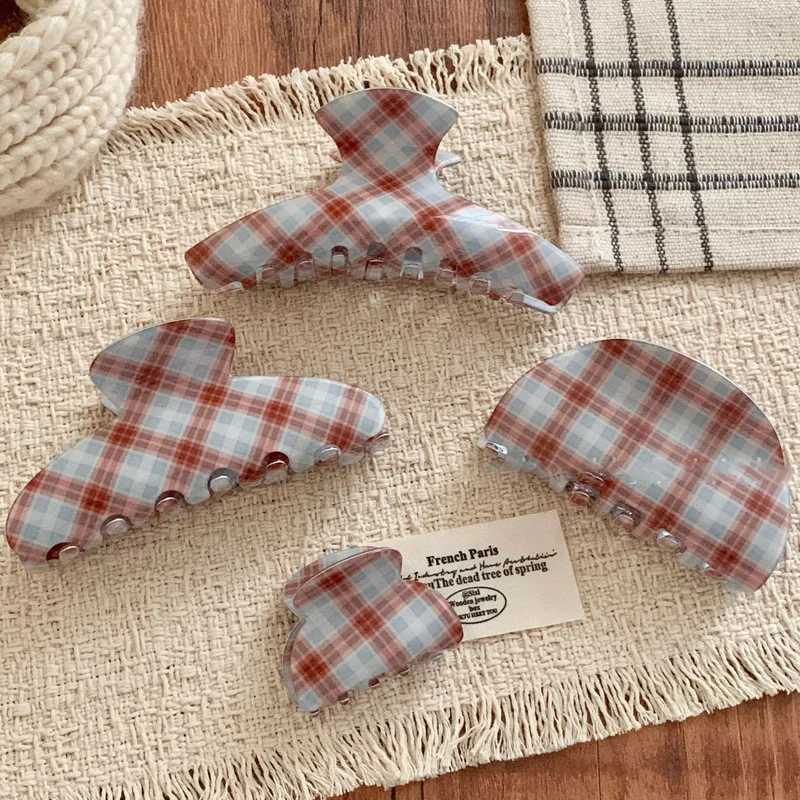 New Brown and Blue Plaid Claw Clip Retro High Ponytail Shark Clip Hair Clip Simple Back Updo Hairstyle H260402