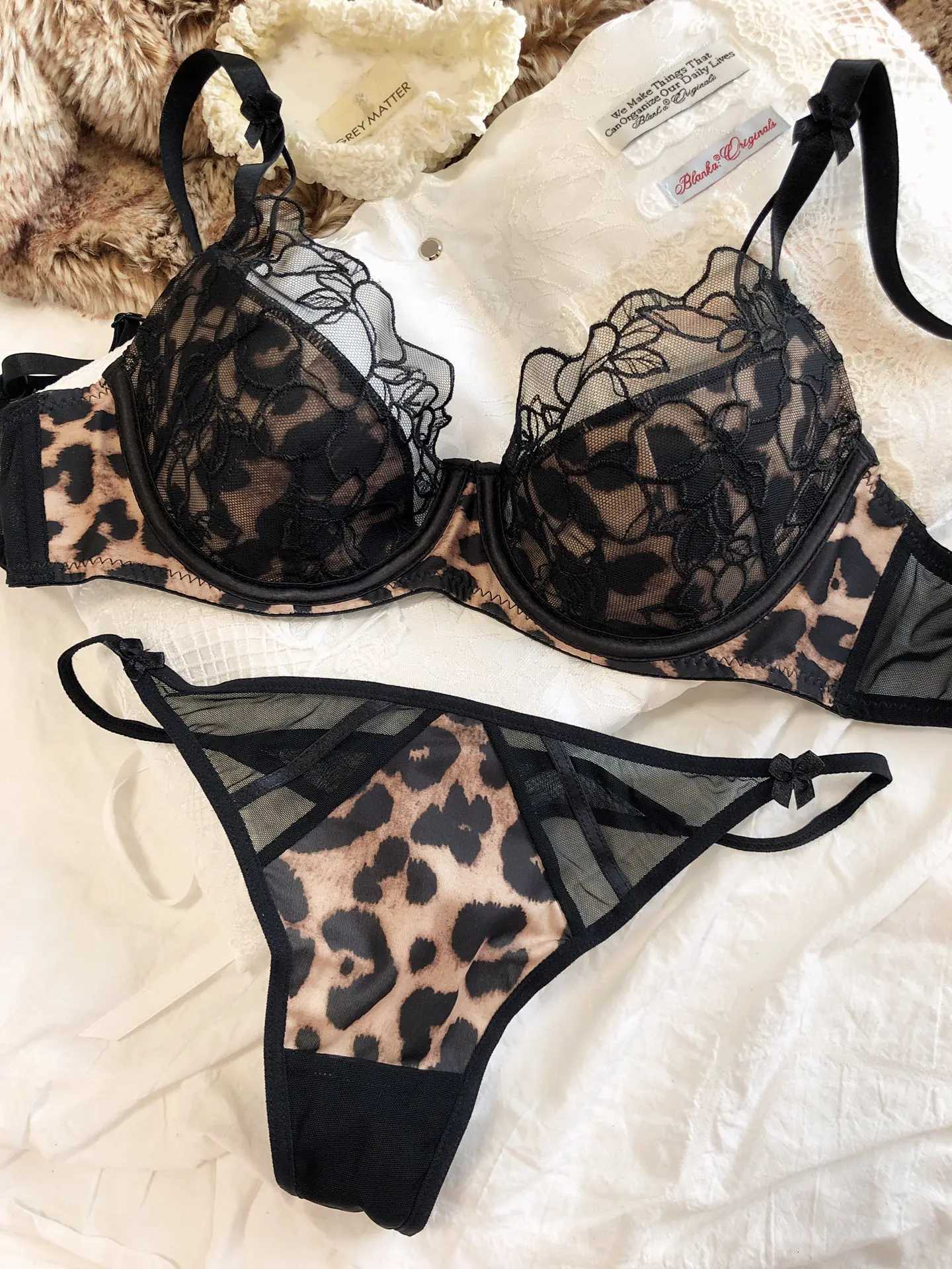 Leopard Print Women Lingerie Set French Lace Flowers Embroidery Mesh Bra Comfort Push Up Brassiere Charm Ladies Underwear Z260402