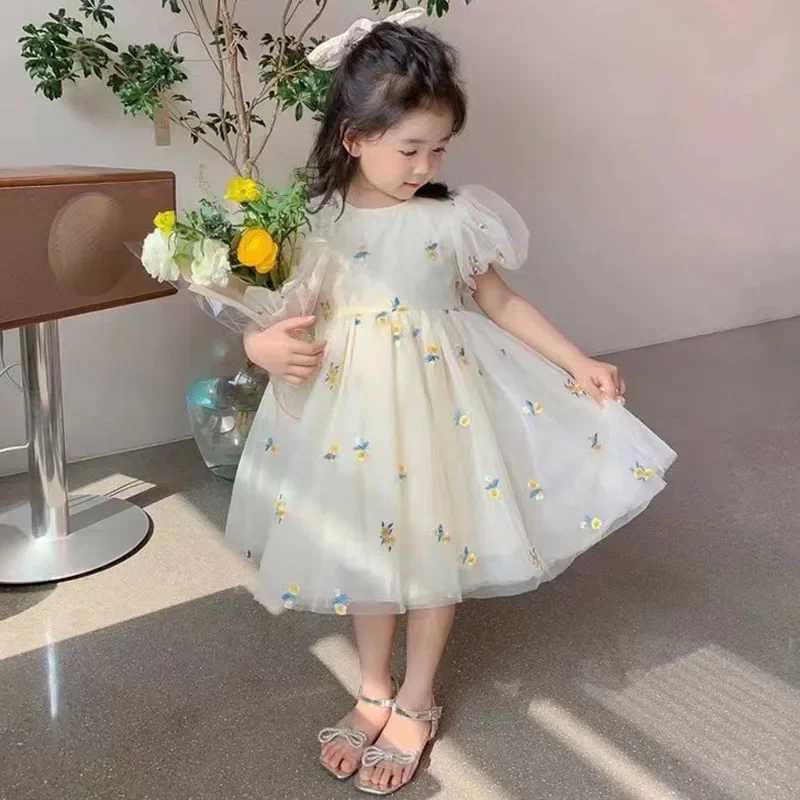 Summer Girls Flower Mesh Princess Dress Kids Cute Puff Short Sleeve Dresses for Girls Korean Clothing Children Dress For 1-6T H260402