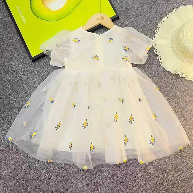 Summer Girls Flower Mesh Princess Dress Kids Cute Puff Short Sleeve Dresses for Girls Korean Clothing Children Dress For 1-6T H260402