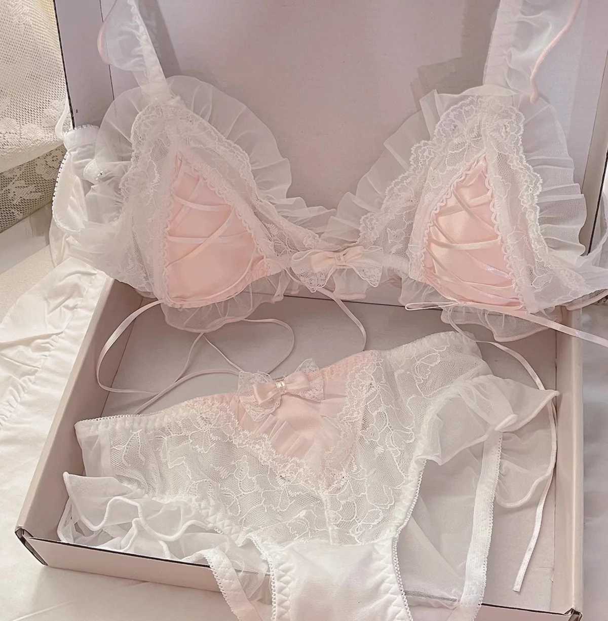 Japanese lace triangle cup sweet bra set thin no underwire underwear woman Z260402