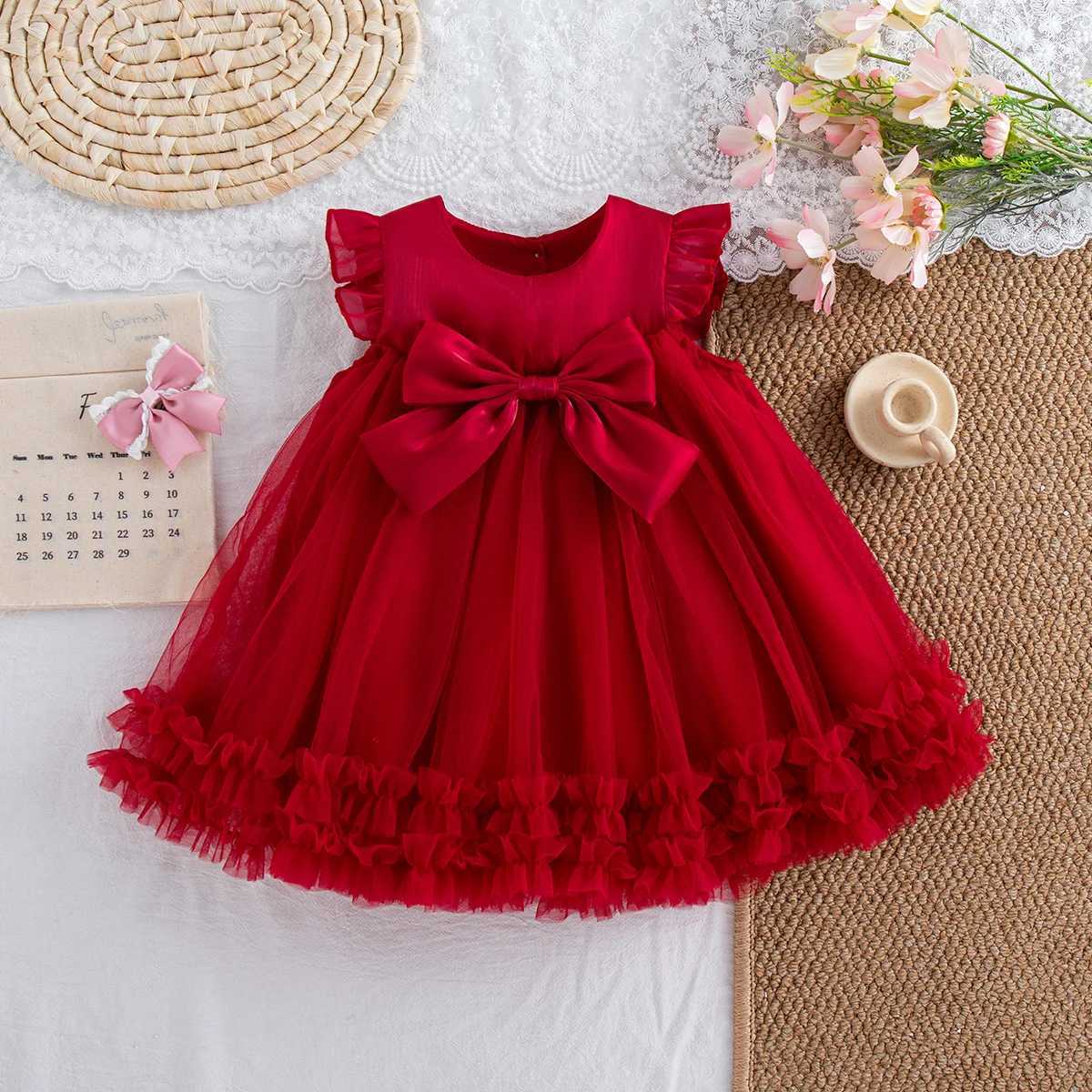 Summer New Sweet Bow Baby Girl Princess Dress Solid Color Chiffon ChildrenS Clothing For Birthday Parties 9 Months -4 Years H260402