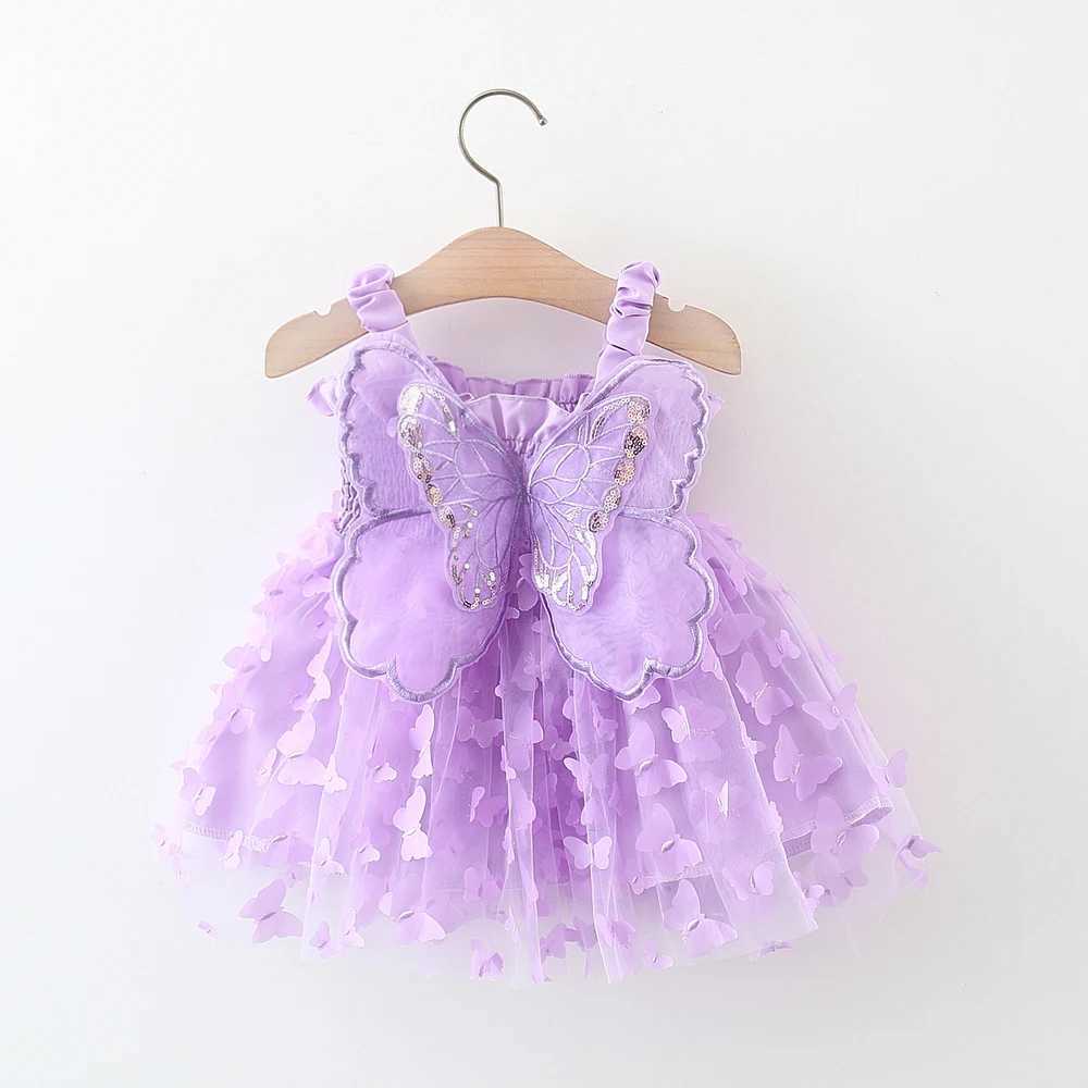 Summer 0-3 Girls Dress Solid Color Butterfly 3D Mesh Splicing Butterfly Wings Strap Fluffy Dress H260402