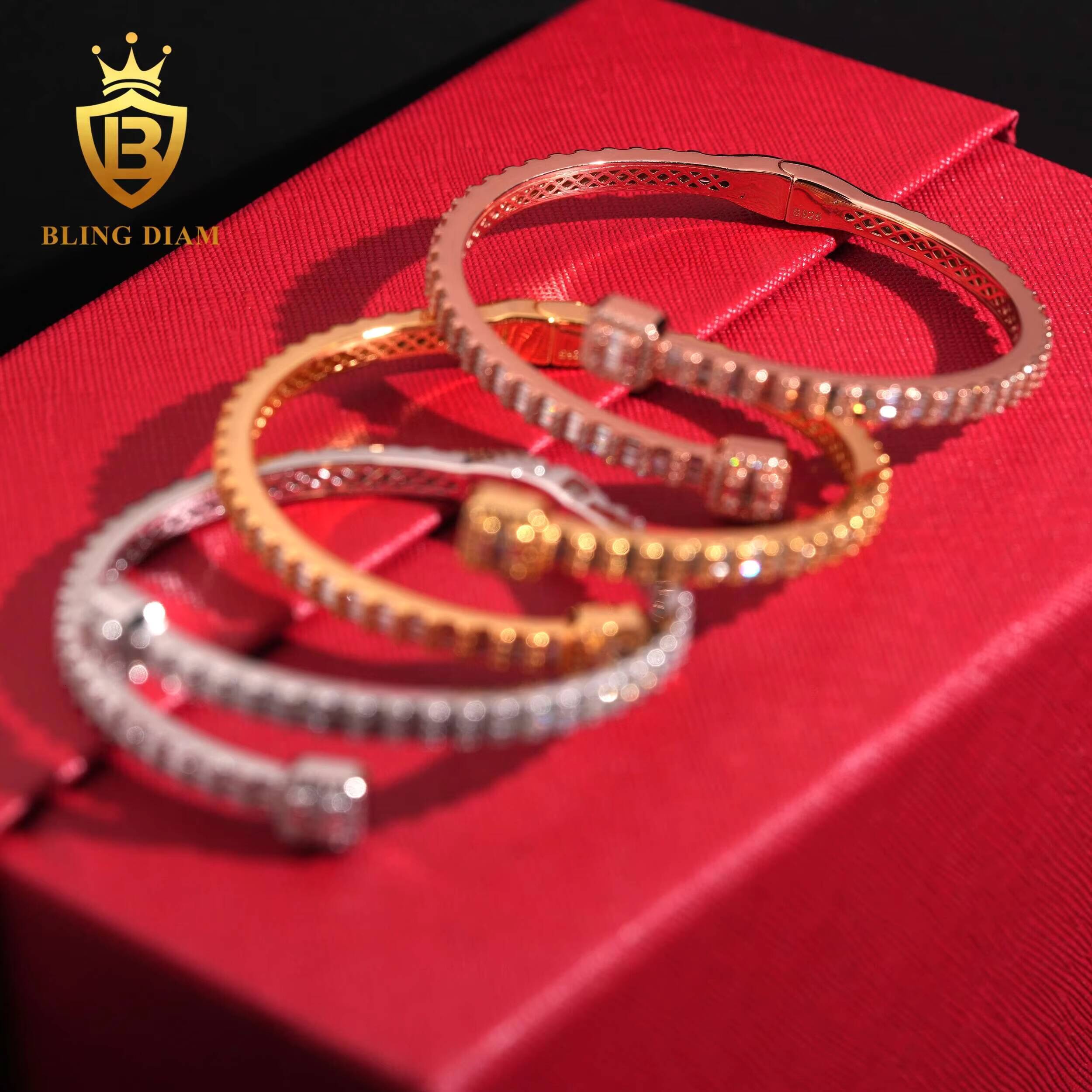 Pass Diamond Tester Fine Jewelry Square S925 Silver Gold Plated VVS Baguette Moissanite Diamond Bangle Bracelet Men Women