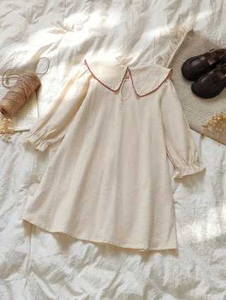 Girls Embroidered Peter Pan Collar Dress French Sweet Bow Loose Forest Pastoral Artistic Dress Spring Autumn Retro Dress H260402