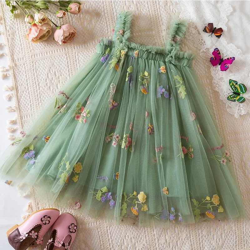 Summer New Sweet Girls Little Sling Dress Childrens Bow Floral Embroidery Mesh Tutu Princess Dress Baby Girl Dress H260402