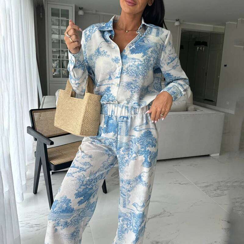 Women's Elegant Long Sleeve Loose 2 Piece Set New Autumn Pattern Printed Shirt Suit Casual Elastic Waist Straight Pants Outfit Asia Size