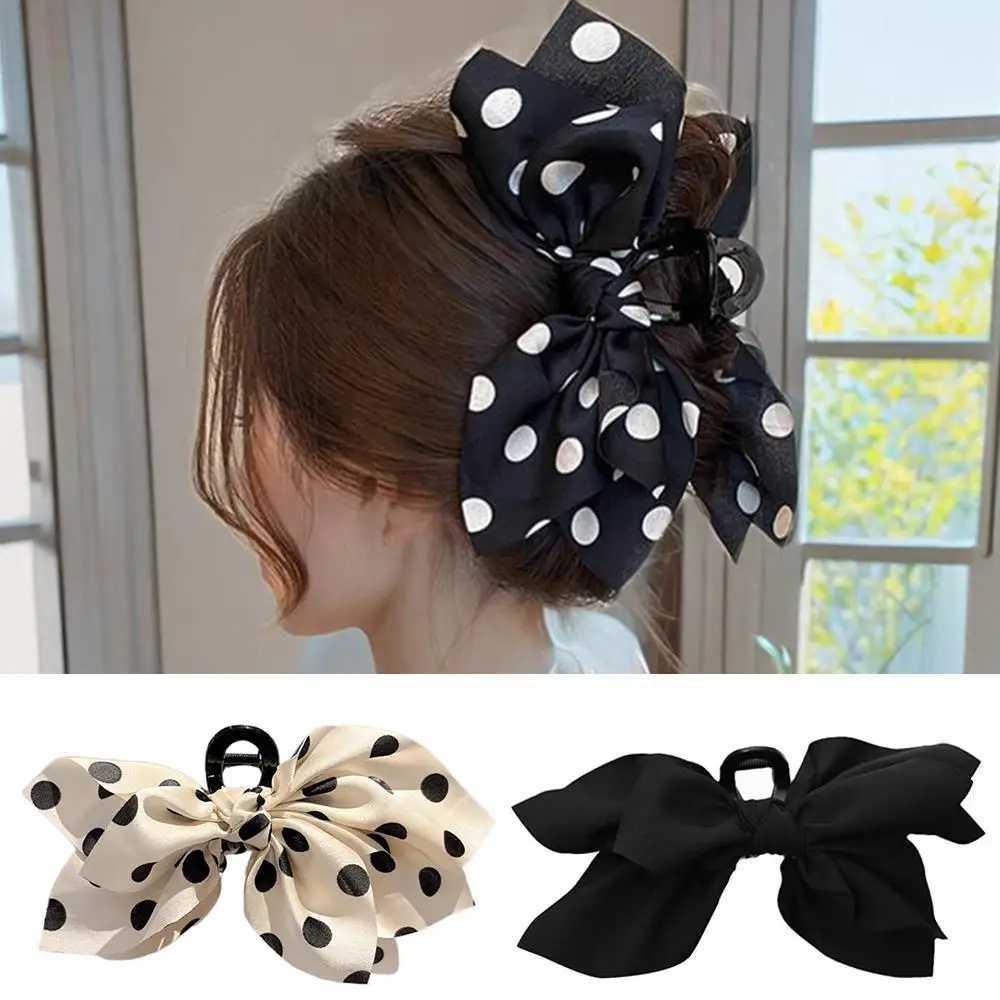 Double Sided Bow Hair Claw Satin Cross Knotted Grab Clip Polka Dot Big Bow Hair Clip Back Of The Head Shark Clip Ponytail Holder H260402