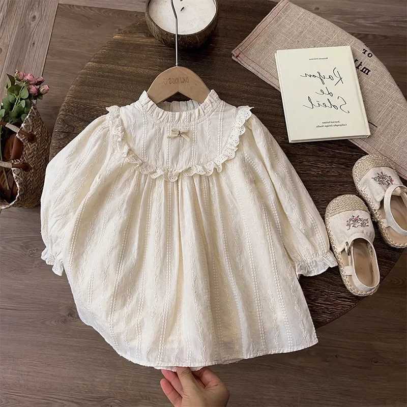 Bowknot Nylon Lace Embroidered Flower Half High Collar Cut-out Princess Dress Autumn Dress Kids Dresses for Girls Kids H260402