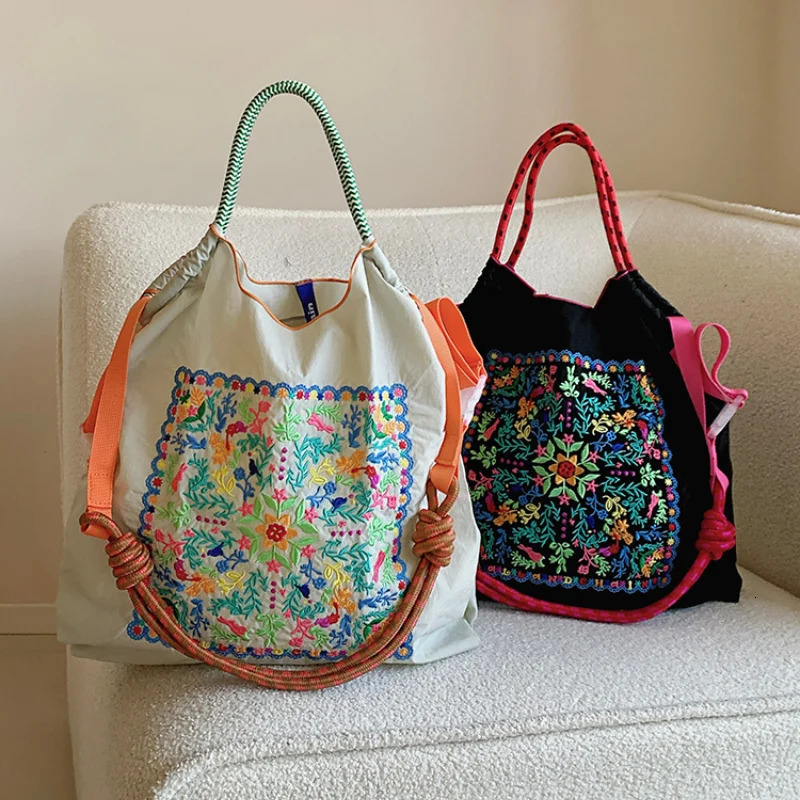 Womens Shoulder Bag Bohemian Style Flower Embroidery Shopping Bag Japanese Style Lightweight Foldableable LargeCapacity 260402