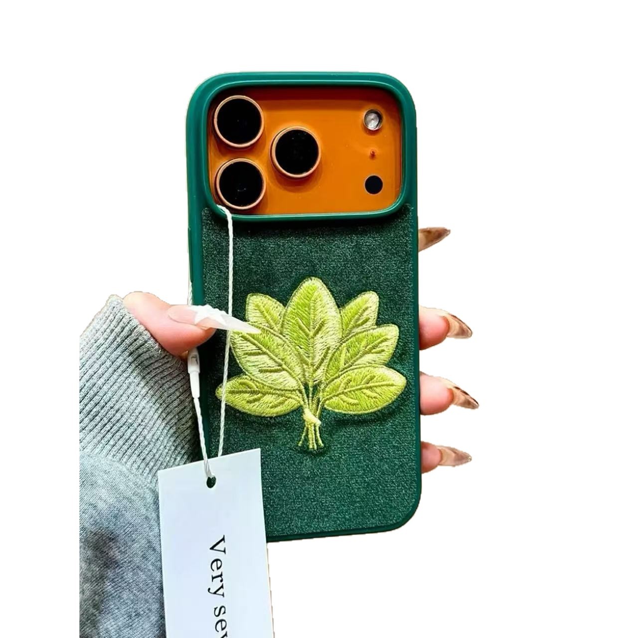 Autumn and winter flannel green bottom embroidered grapefruit leaf hand strap for iPhone iPhone case