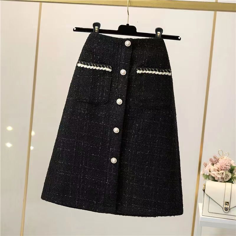 Luxury Brand Designer Clothes Autumn Winter Little Style Shiny Silk Midi Skirt Women High Waist Woolen A-Line Bodycon Skirt White Tweed Long Skirt - view 4