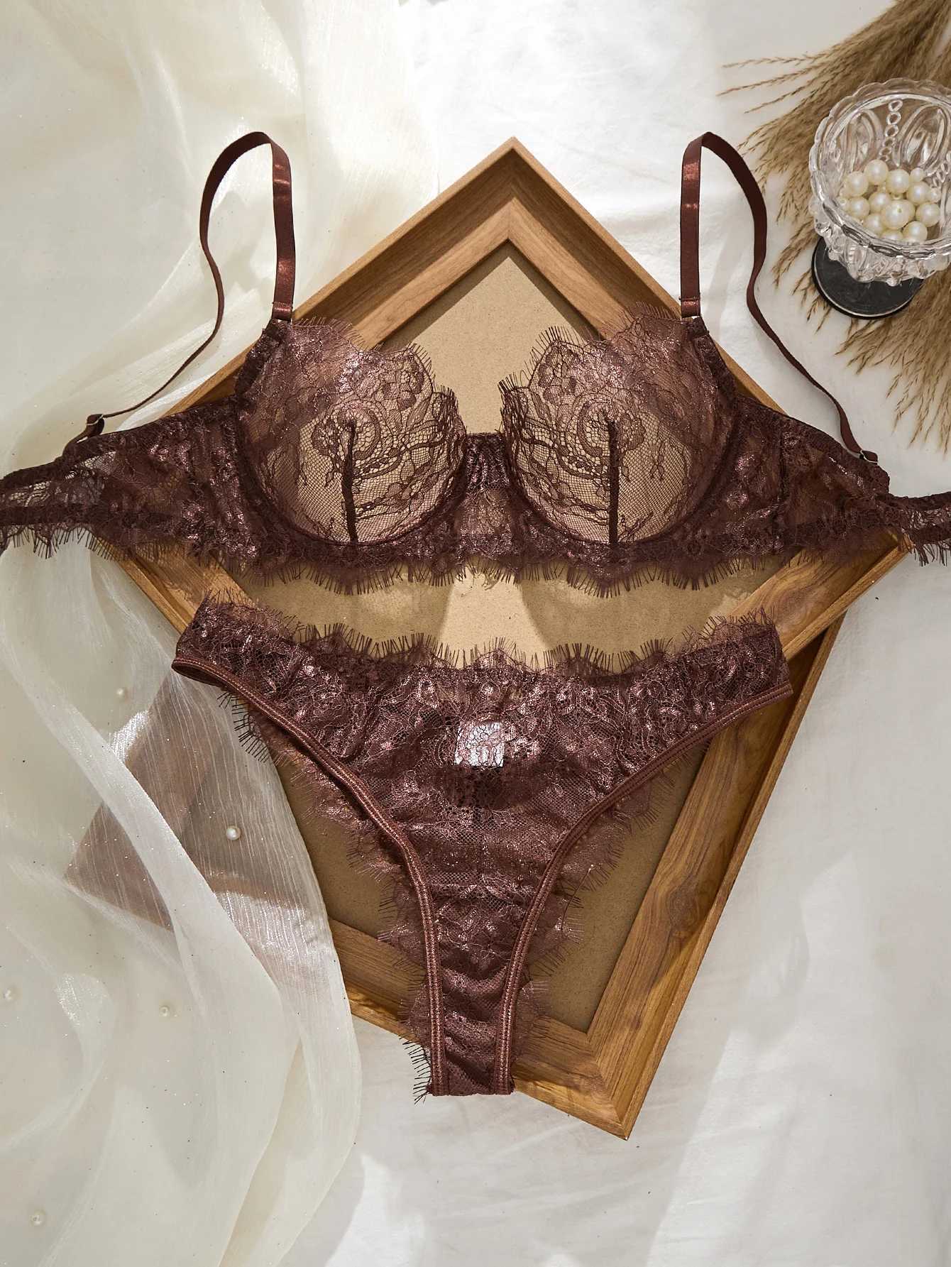 Ladies Basic Style Thin Lace Bra And Panty Set Seamless Single Layer Eyelet Underwear Comfortable Intimate Apparel Z260402