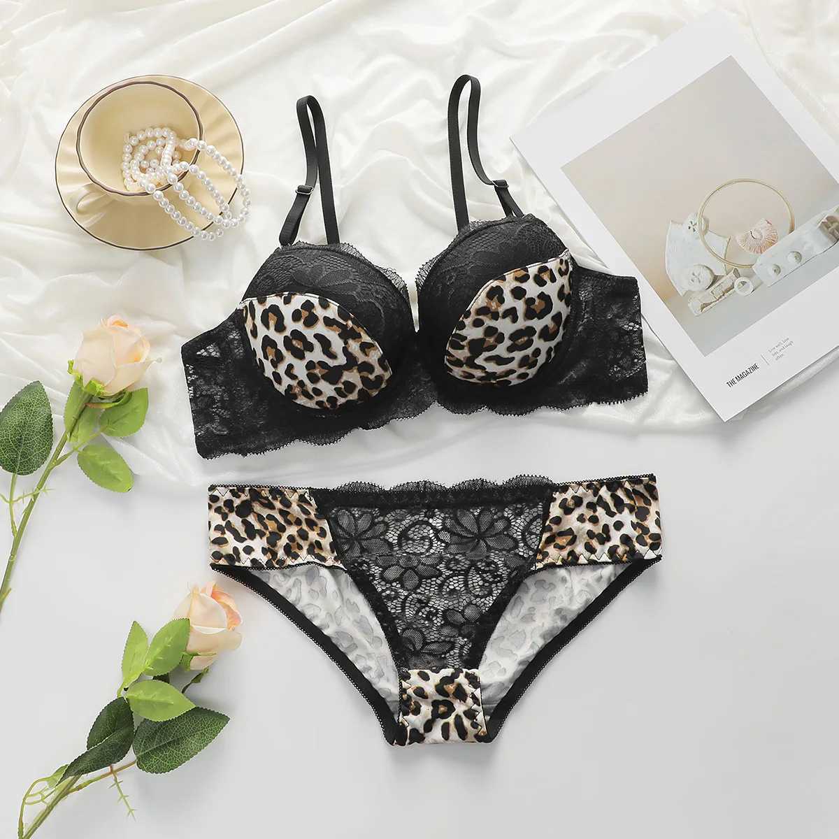 Viomisha Leopard Print Bra and Panty Set Push Up Bra Lace Underwear for Women Adjustable Straps and Soft Fabric Z260402