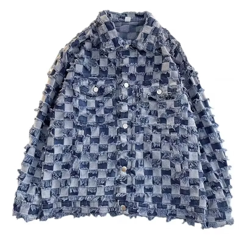 Luxury Brand Designer Clothes Checkered Denim Jacket For Men And Women, Spring And Autumn, American High Street Style, Trendy Vintage Design, Loose Fi