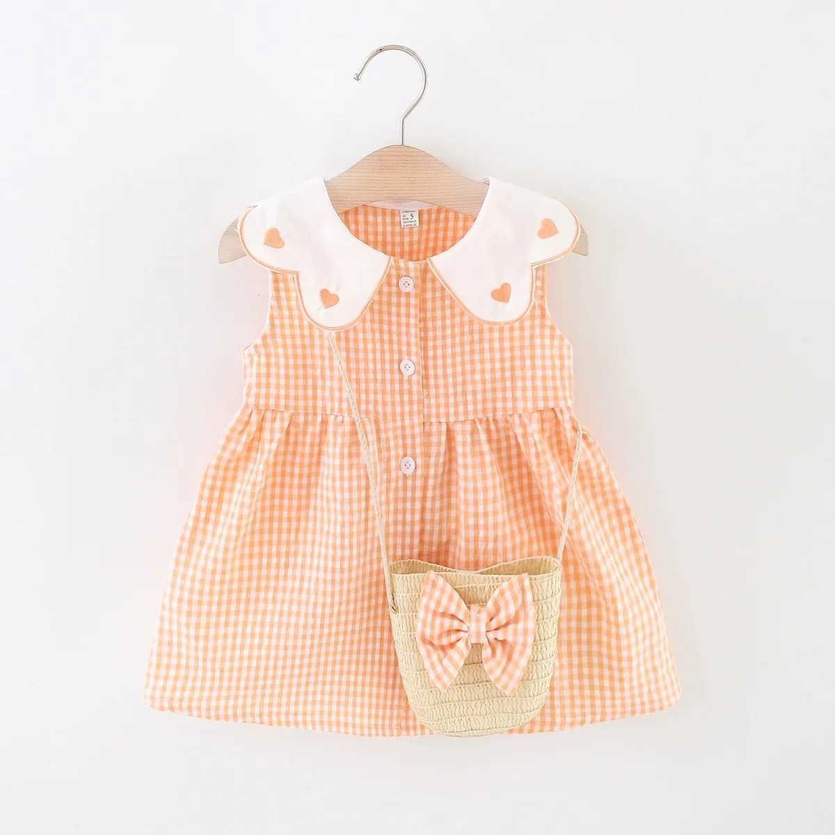 2PCS/SETSummer Girls Dress New Foreign Trade Sweet Love Embroidered Lapel Simple Plaid Tank Top Skirt Strap Bag H260402