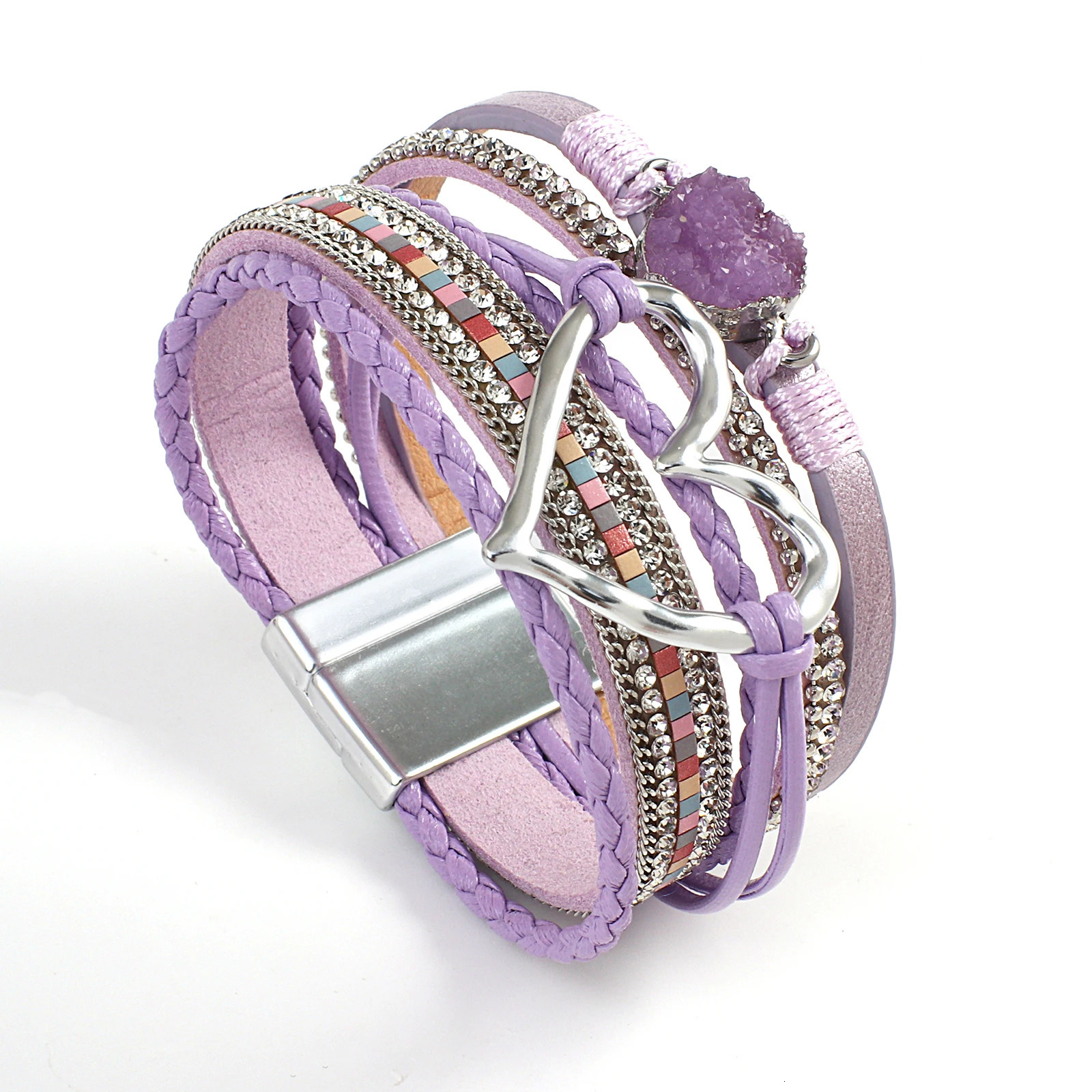 ALLYES Elegant Purple Leather Bracelets for Women Men Bohemian Charm Crystal Beads Heart Bracelet Cuff Bangles Jewelry Gifts 260318BJ - view 6