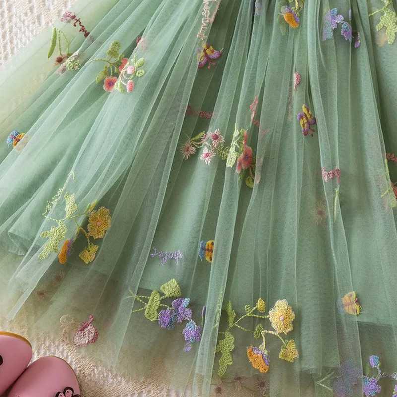 Summer New Sweet Girls Little Sling Dress Childrens Bow Floral Embroidery Mesh Tutu Princess Dress Baby Girl Dress H260402