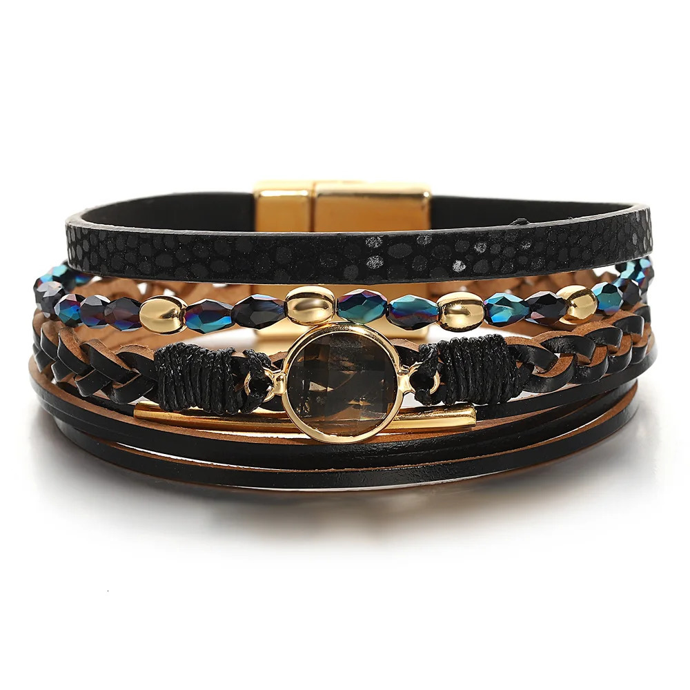 ALLYES Charm Handmade Braided Leather Bracelet for Women Men Crystal Metal Beaded Chain Multilayer Wrap Bracelets Jewelry Gift 260318BJ