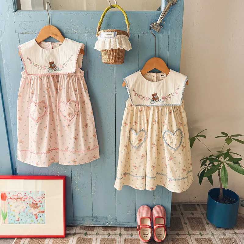Embroidered Little Bear Navy Collar Girls Dress 2026 Summer New Floral Tank Top Skirt Korean Version Childrens Princess Skirt H260402