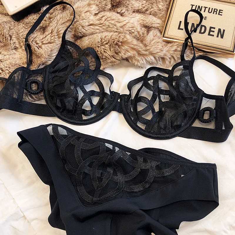 Underwear Set for Women French Ultra-thin Lace Bra Set Fashion Comfort Lingerie Briefs with Thong Female Mesh Brassiere Z260402
