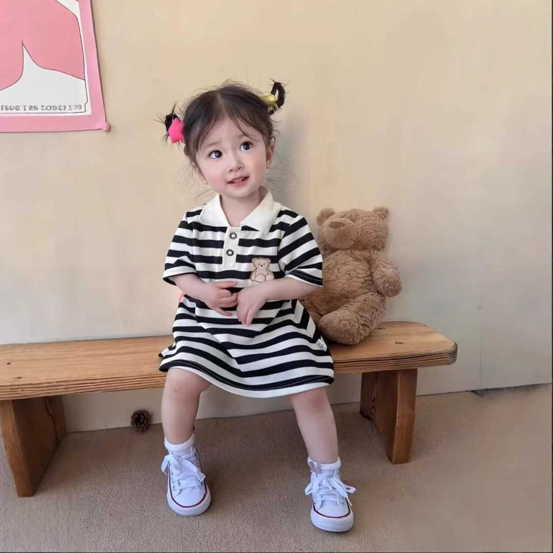 2025 New Childrens Dress Girls Summer Korean Edition Fashion Casual Striped Collar Short sleeved Dress1-10Y H260402