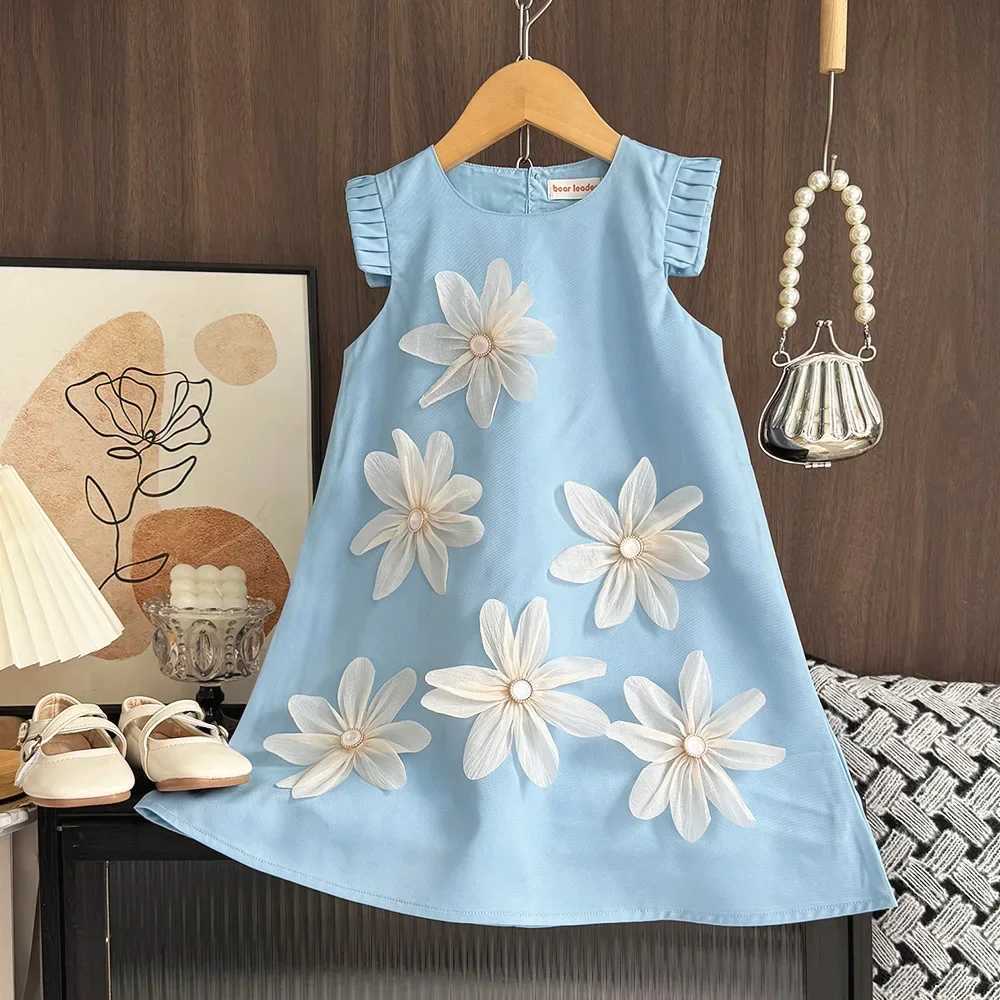 Summer New Girls Casual Clothes Pleated 3D Flower Sleeveless Princess Dress Korean Version Solid Color Children 2-12 Years Old H260402