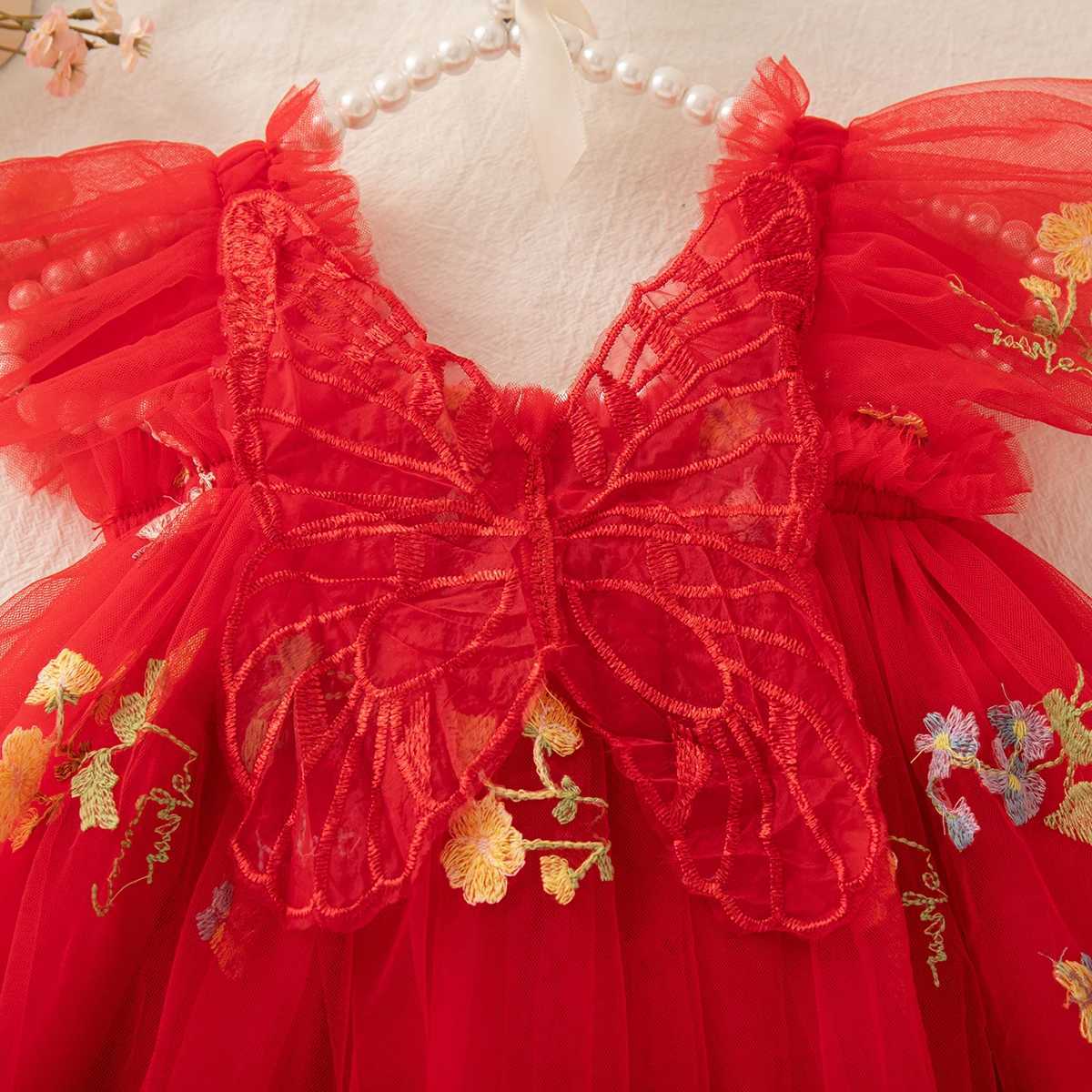 Summer New Floral Embroidery Chiffon Baby Girl Princess Dress Cute Butterfly Wing ChildrenS Clothing 9 Months - 4 Years Old H260402