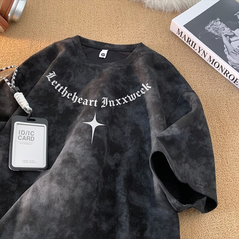 Mens Tie Dye Short Sleeve T Shirt With Gothic Letter Print And Star Pattern Casual Loose Fit Streetwear For Men And Women