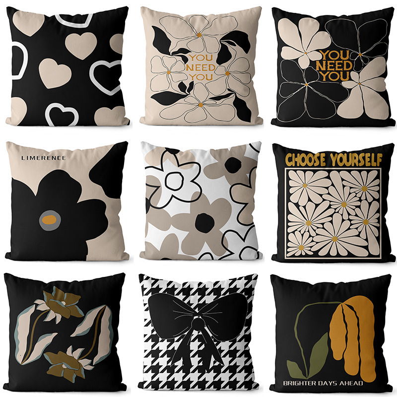 Pillowcase Black White Minimalist Abstract Plant Floral Print Nordic Style Ins Short Plush Sofa Cushion Cover