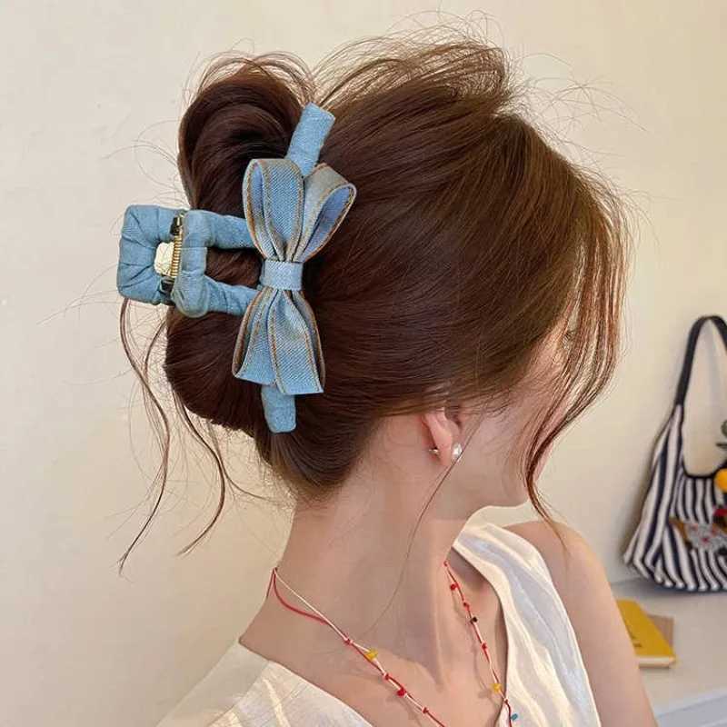 Autumn Winter Denim Bow Hair Claw Clip for Women High-End Hair Bun Shark Clip 2025 New Large Size Back Hair Accessory H260402