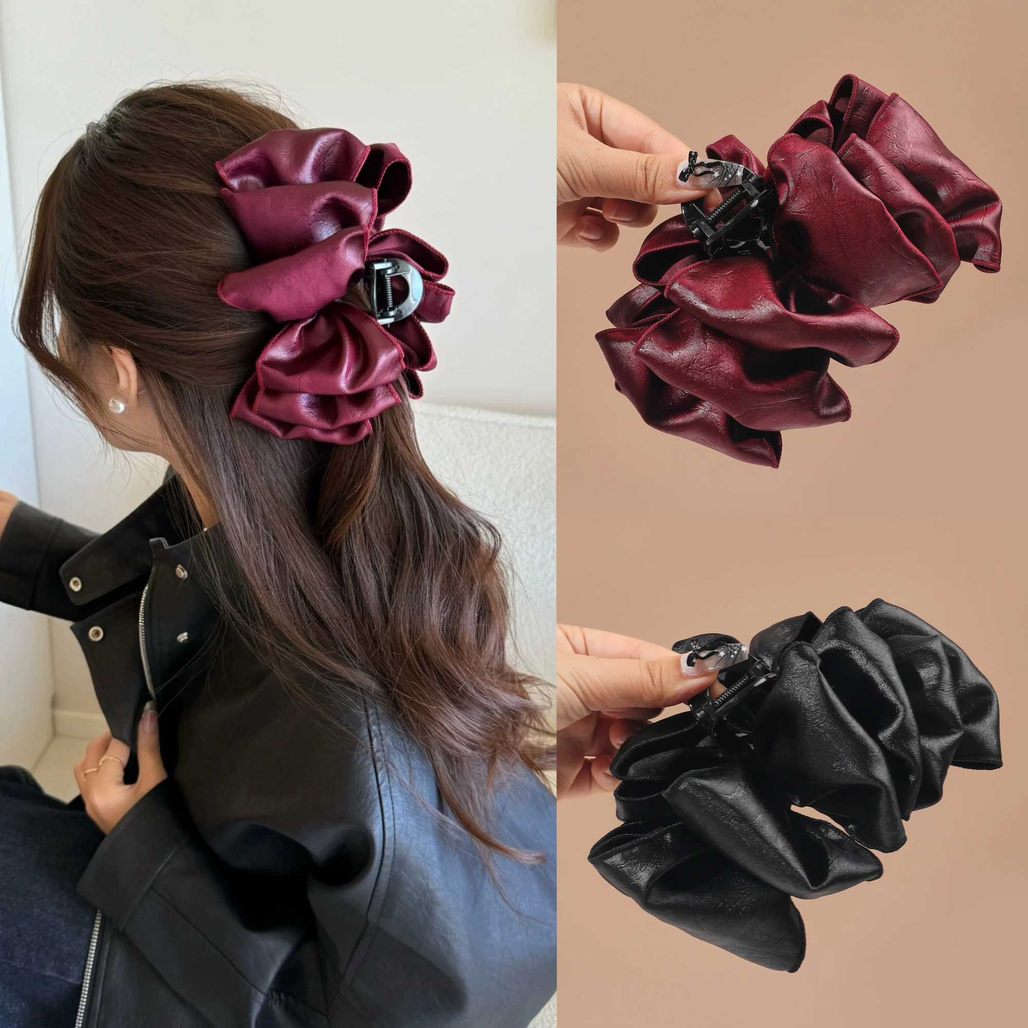 Red Leather Bow Hair Claw Clips for Women Large Shark Clip Jaw Clips for Thick Hair No-slip Fashion Winter Black Hair Accessory H260402
