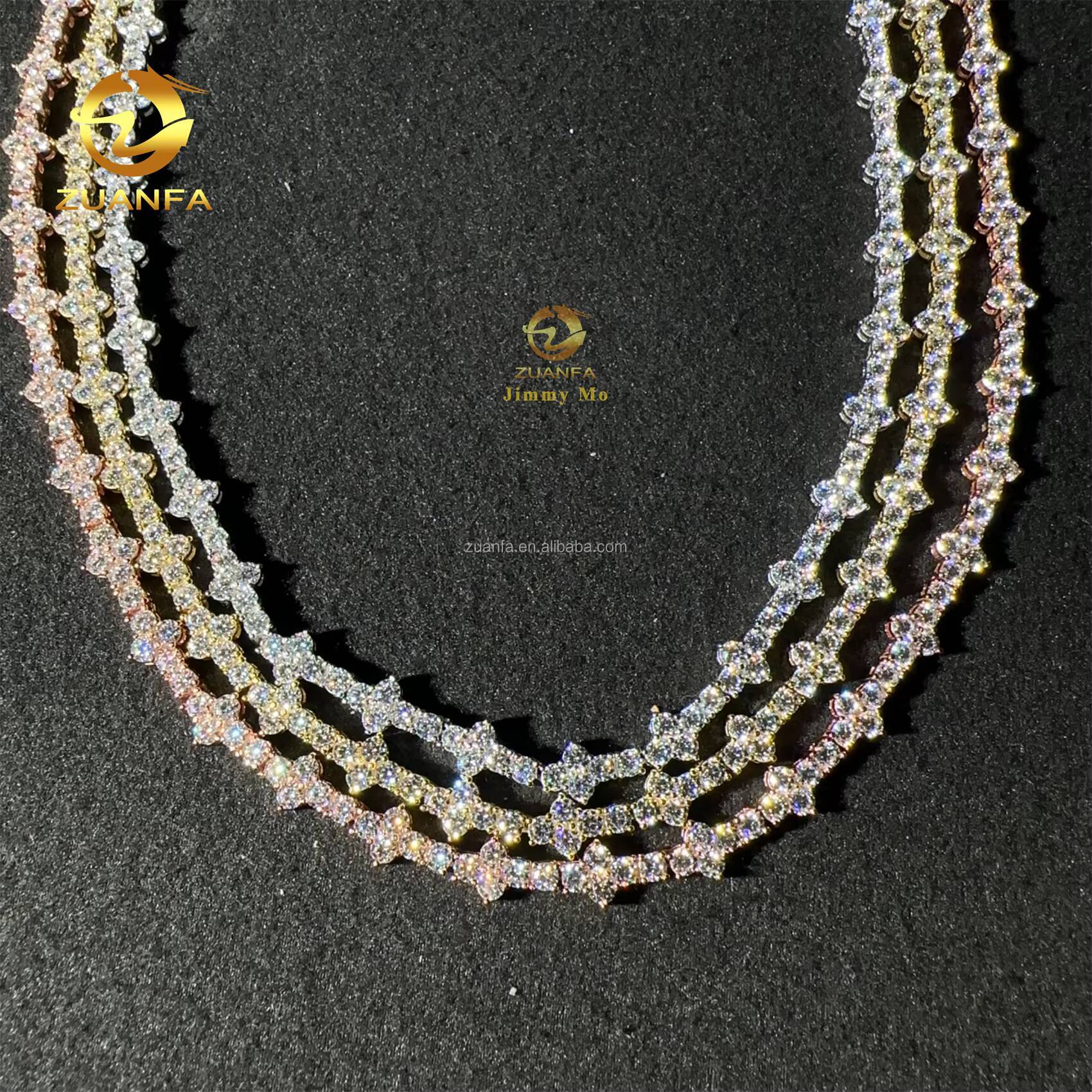 Bulk Stock Claw Setting 3mm 4mm 925 Solid Silver Hip Hop Jewelry D VVS Moissanite Diamond Cross Cluster Tennis Chain