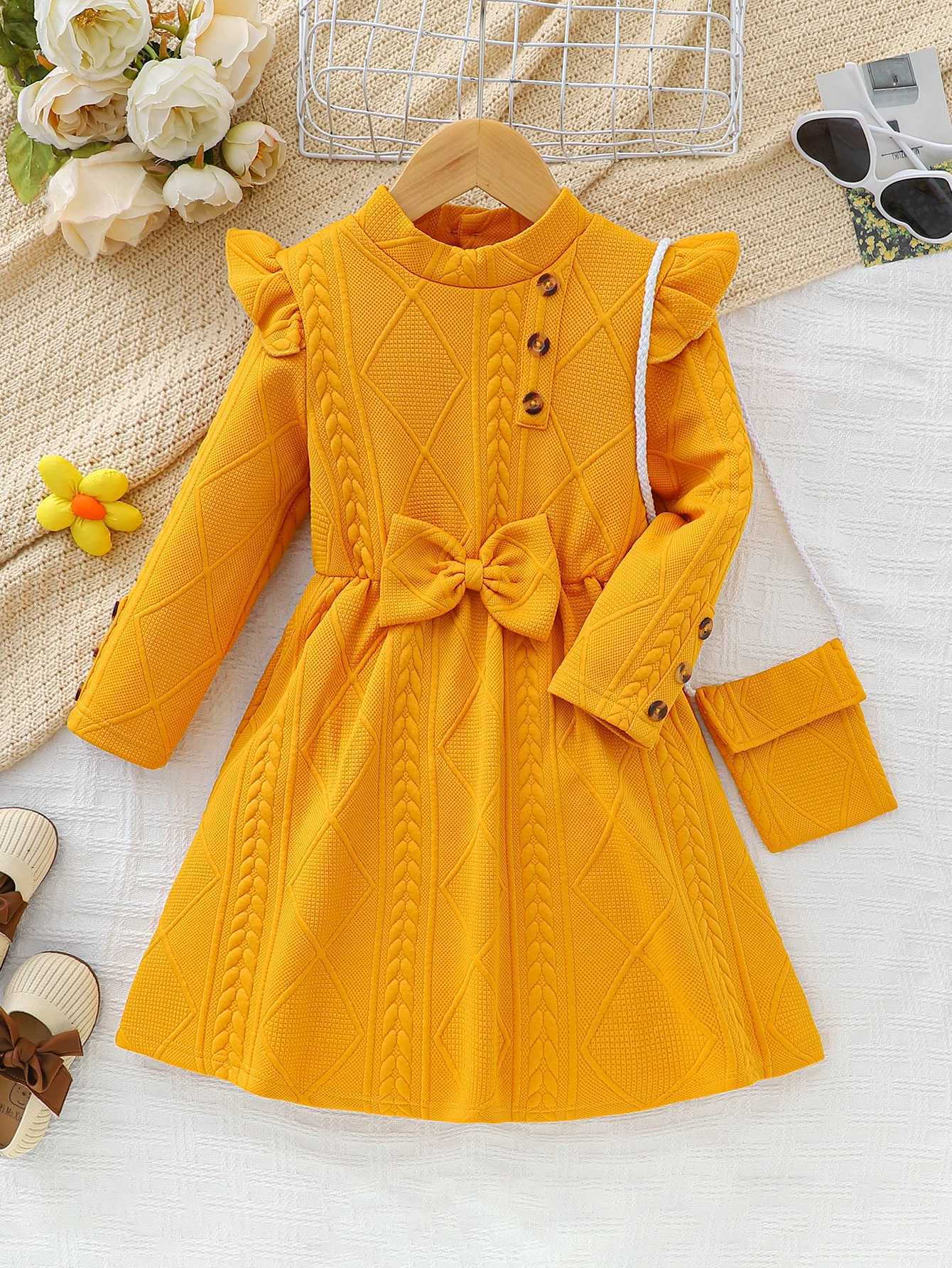 Little Girls Autumn/Winter Yellow Butterfly Thickened Long-Sleeve Dress Bag H260402