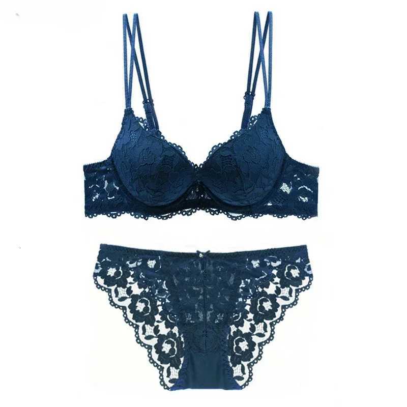 Embroidery Underwear Set Lace Blue Brassiere A B C Cup Thick Cotton Women Push Up Bra and Panties Set Brand Lingerie Deep V Z260402