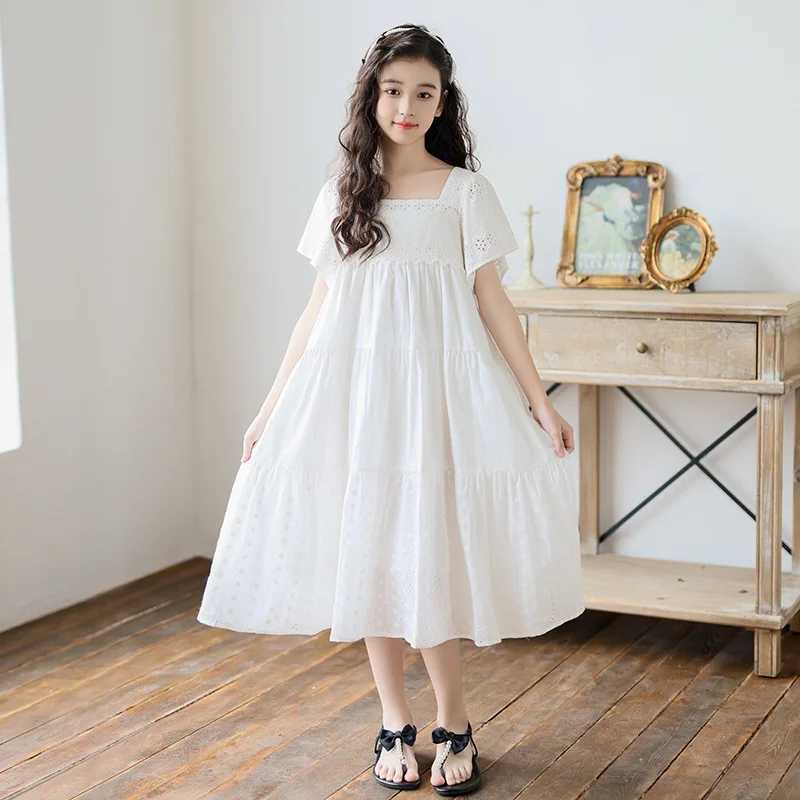 2026 Summer Girls White Lace Dress Cotton Square Collar Flare Sleeve Princess Dresses for Kids 12 13 14 Years Children Clothes H260402