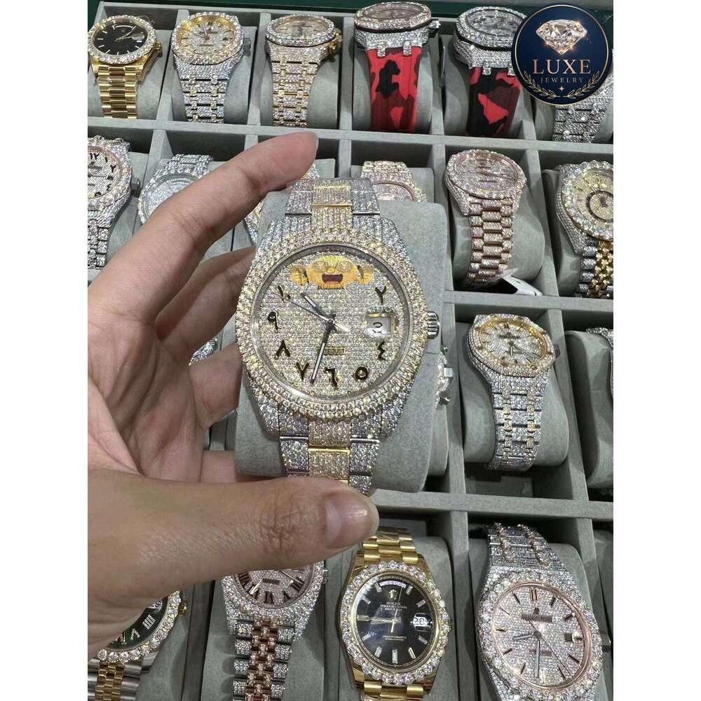 Men's Iced Out Moissanite Watch - VVS Diamond Studded, Arabic Numbers, Stainless Steel, Sapphire Crystal, Water Resistant, 1pc Wholesale Price + 