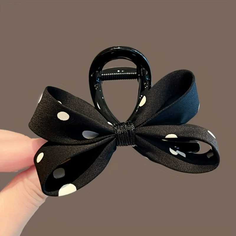 Vintage-Inspired Fabric Black White Polka Dot Bow Hair Claw - Elegant Shark Clip for Date Night Daily Wear H260402